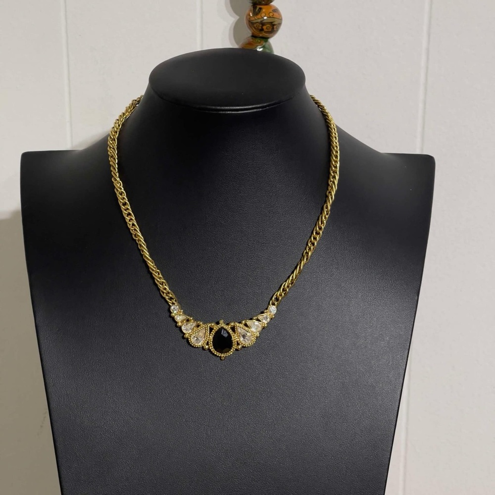 Vintage 1928 Gold-Tone Necklace with Black & Clear Stone Accents